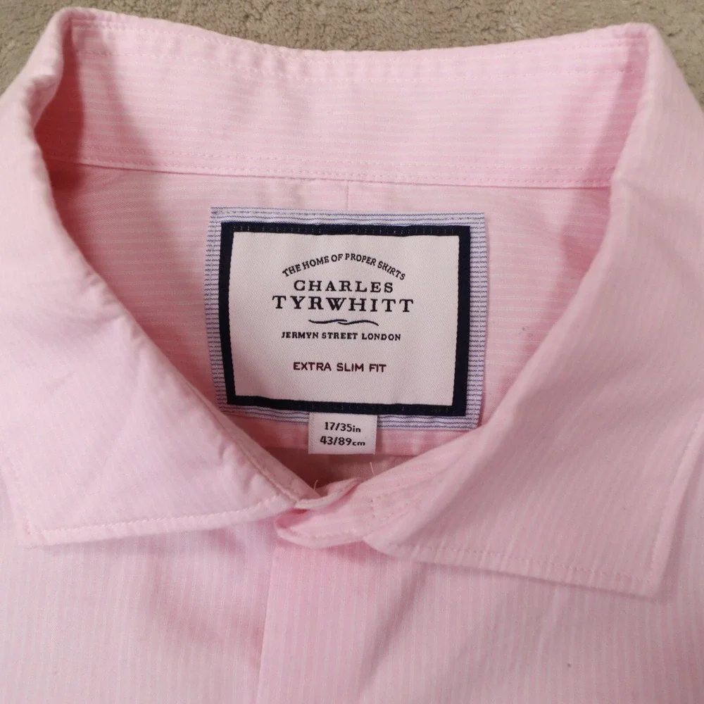 Charles Tyrwhitt Men's Pink Striped Extra Slim Fit Dress Shirt size 17/35 - Picture 2 of 7